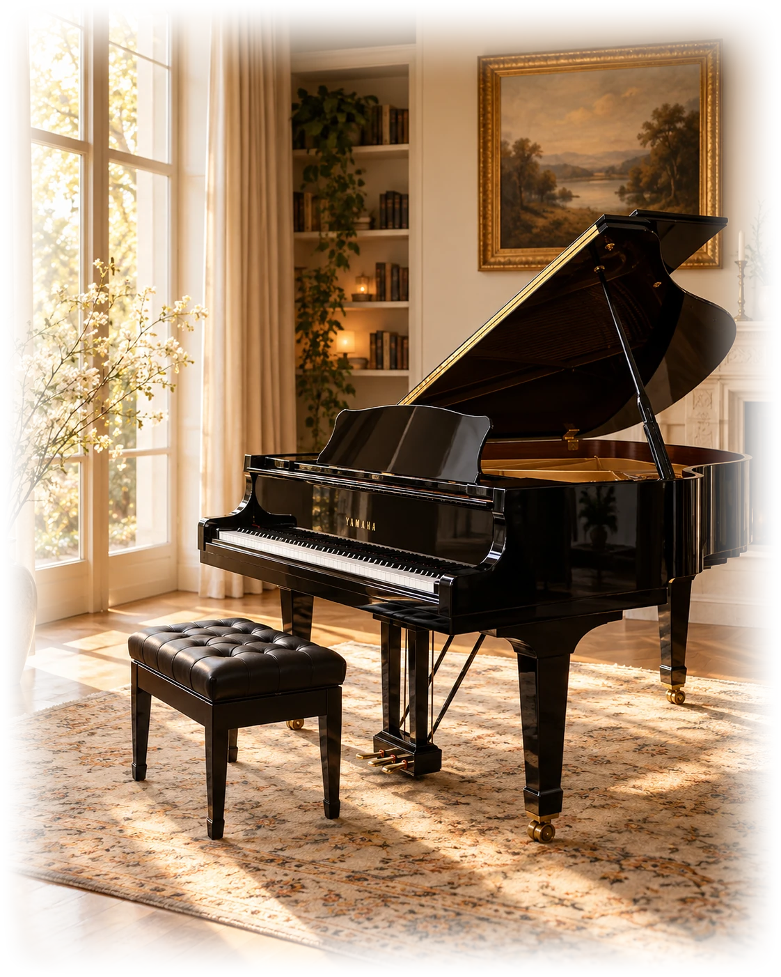 A grand piano in a warm, sunlit music room